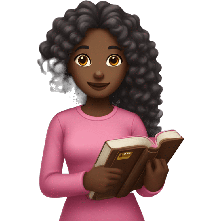 Black girl with long curly hair holding a pink bible in her right arm emoji