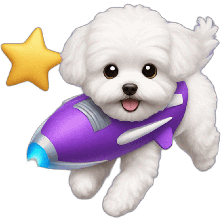 a white maltipoo flying with a purple rocket emoji