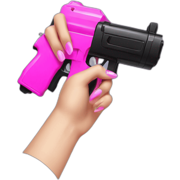 hand with pink nails holding large scary black water gun emoji