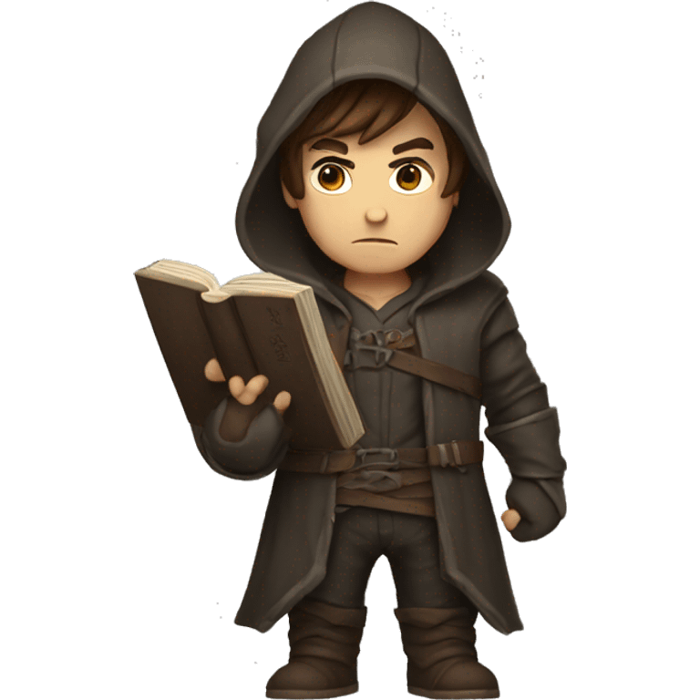 human male rogue with brown hair holding a book wearing a hood angry emoji