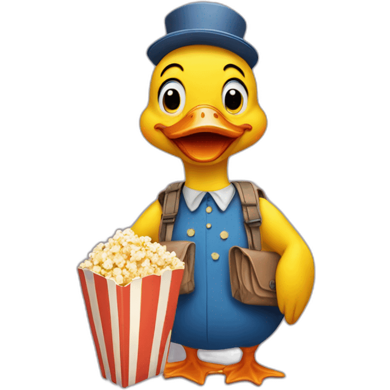 yellow cartoony duck holding bag of popcorn emoji