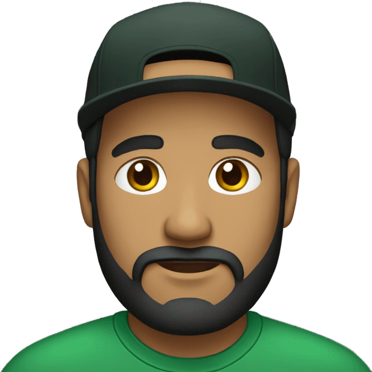 brown man with a dark beard, dark eyes, dark green t-shirt and a BLACK BLACK cap emoji