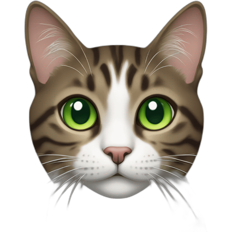 Dark Brown and white tabby cat with green eyes emoji