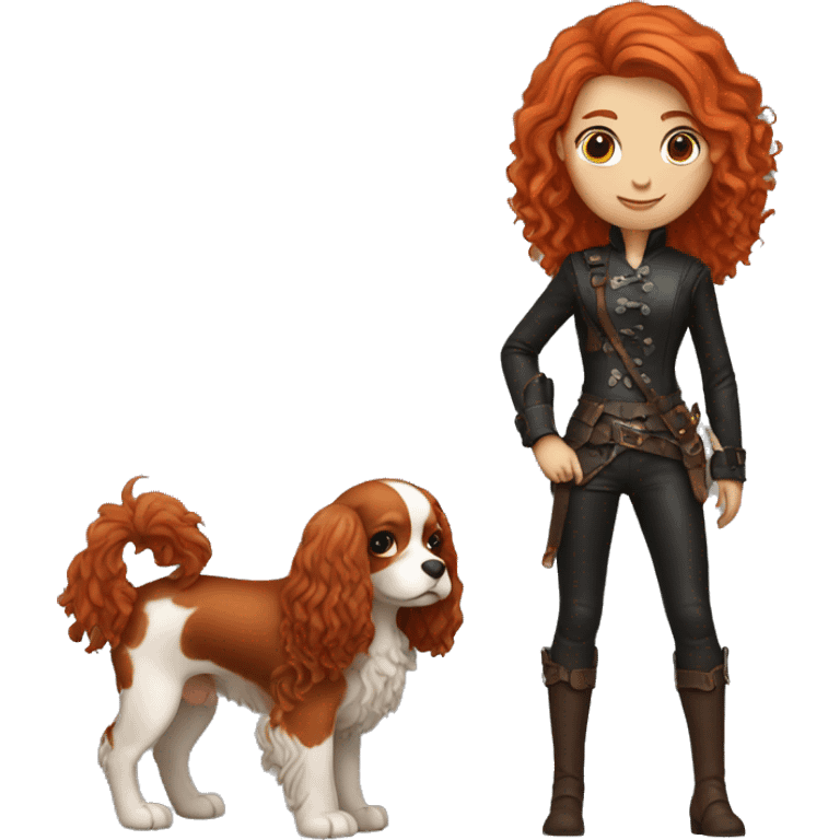 red-haired girl in leather holding a Cavalier emoji