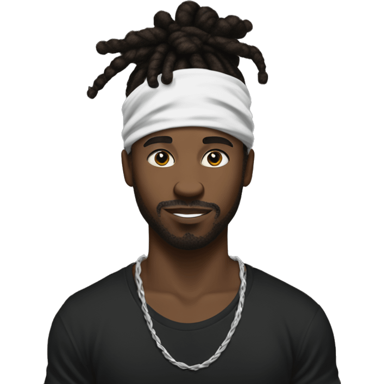 Black man with a dreadlock bun with a under cut with a white and black bandana on his head with black t shirt with no beard emoji