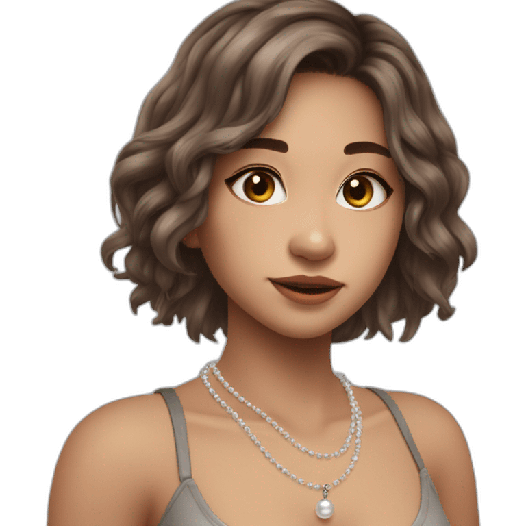 24 years old girl straight hair around armpit length with brown hair with silver and pearl chain necklace another layer of silver chain necklace emoji