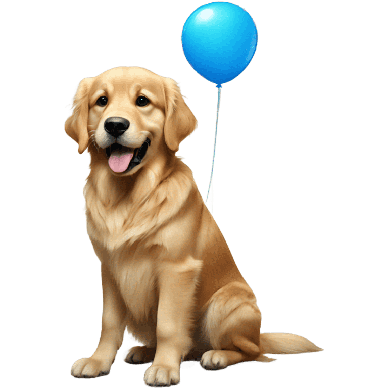 Golden retriever holding blue balloon on a string in its mouth emoji