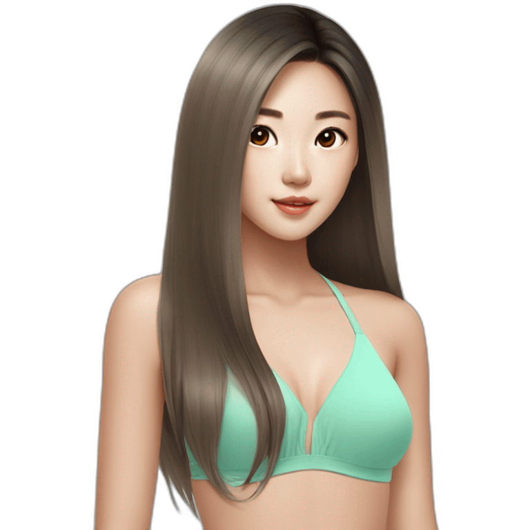 brown balayage long straight korean girl in mint swimsuit emoji