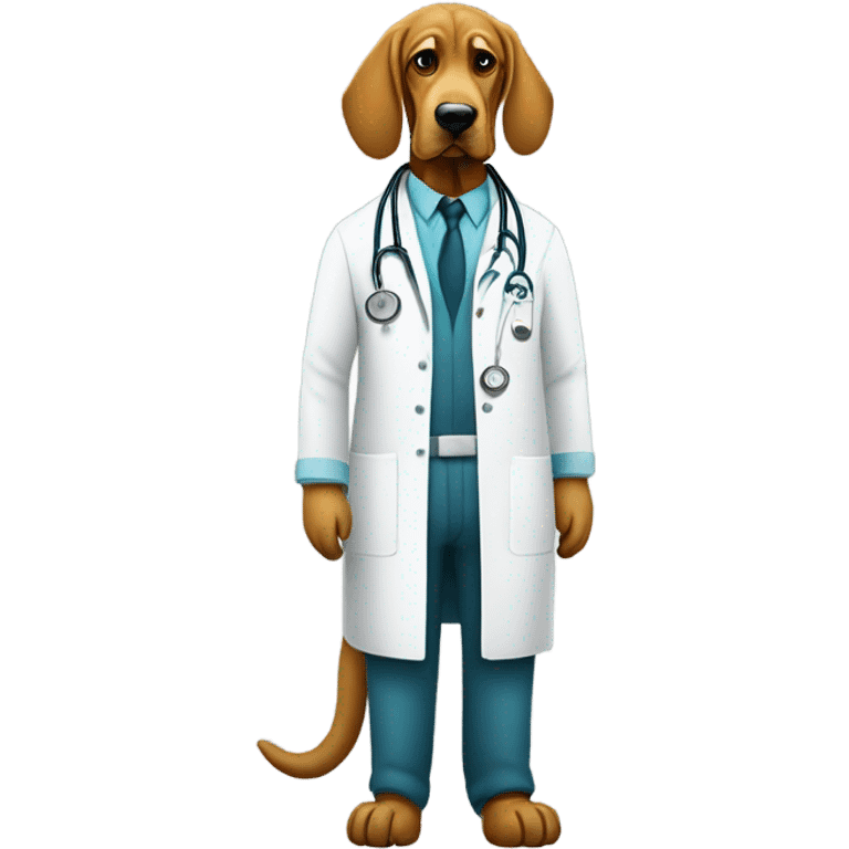 Full body White and gold bloodhound as a doctorwith scrubs and medical mask. emoji