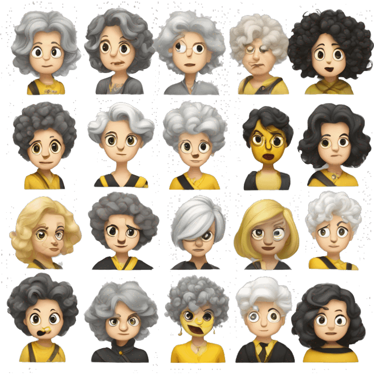 old, curvy woman, white face, hufflepuff, grey and curly and wild hair, madame sprout, not amused,  emoji