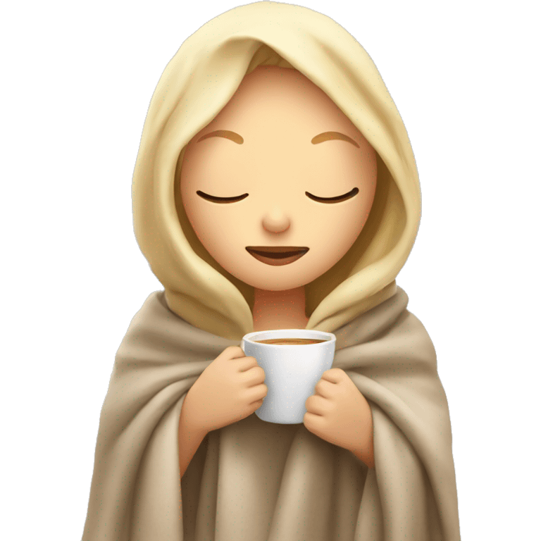 Blonde girl inside a blanket sipping coffees eyes closed emoji