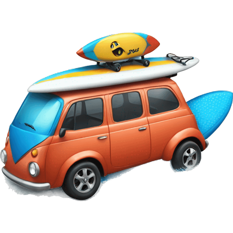 car with surf board on toop emoji