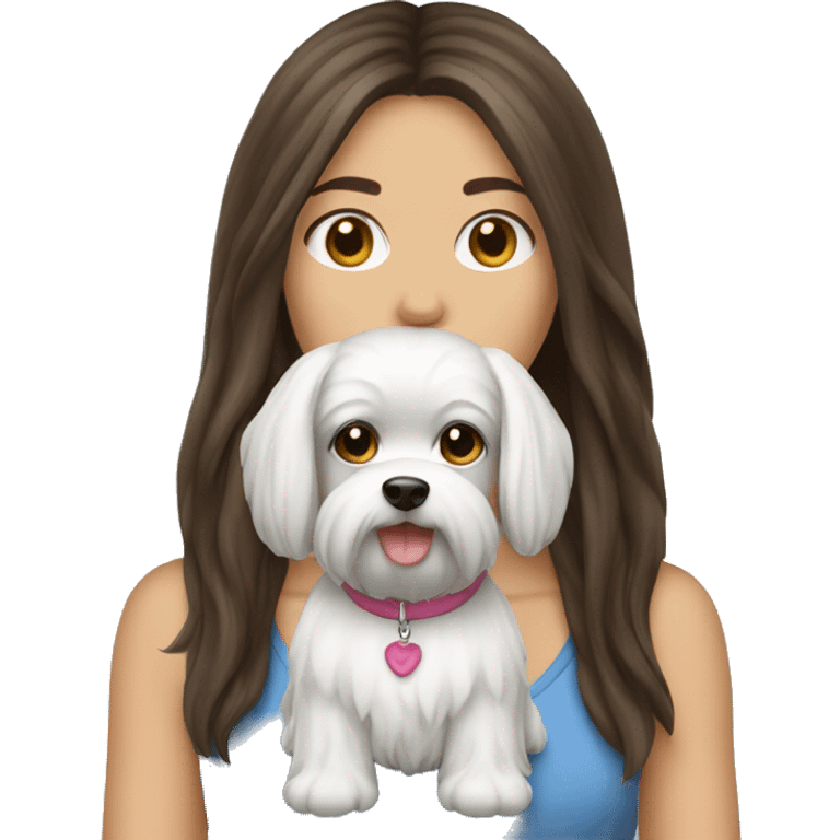 Brunette girl long hair with Maltese dog emoji