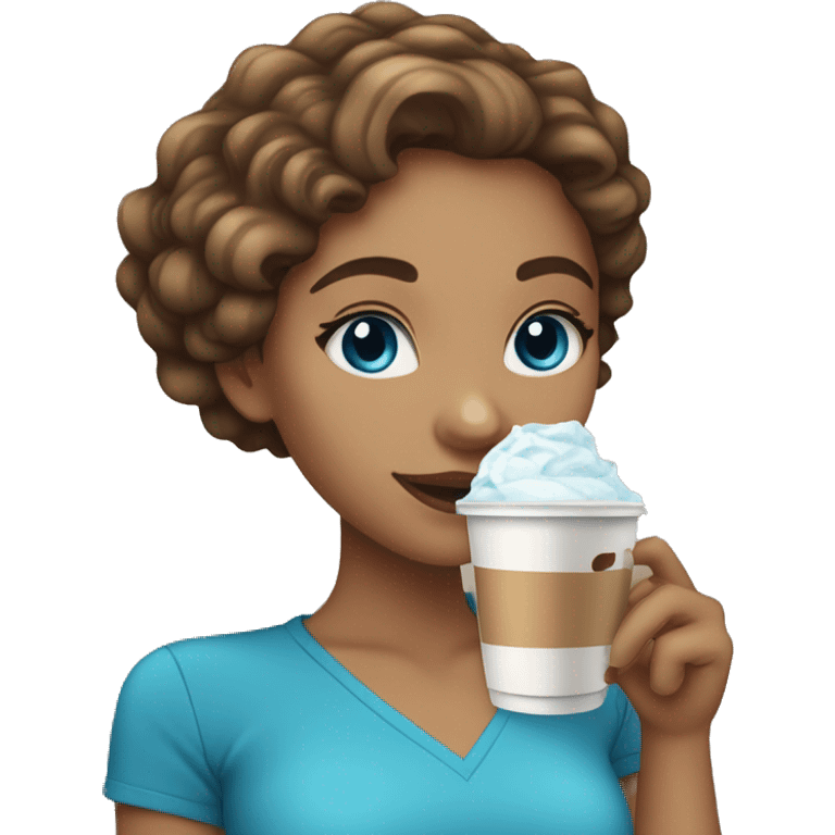 Light skin girl with brown wavy hair and blue eyes drinking ice latte  emoji