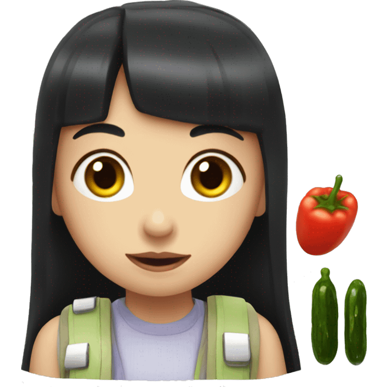 girl with black hair and bangs and girl with red hair and bangs eating pickles  emoji