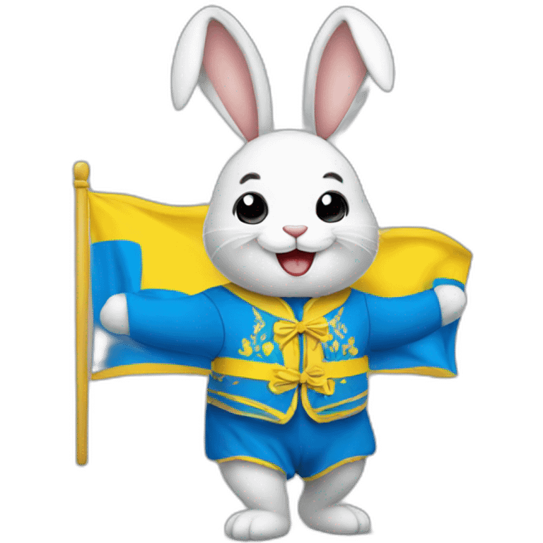 A smiling rabbit in a Ukrainian flag costume emoji