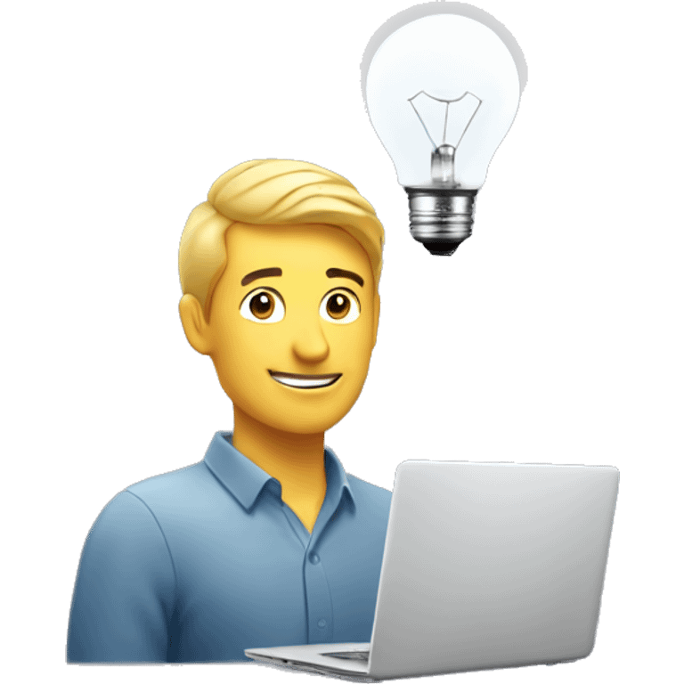 man with laptop and light bulb above head emoji