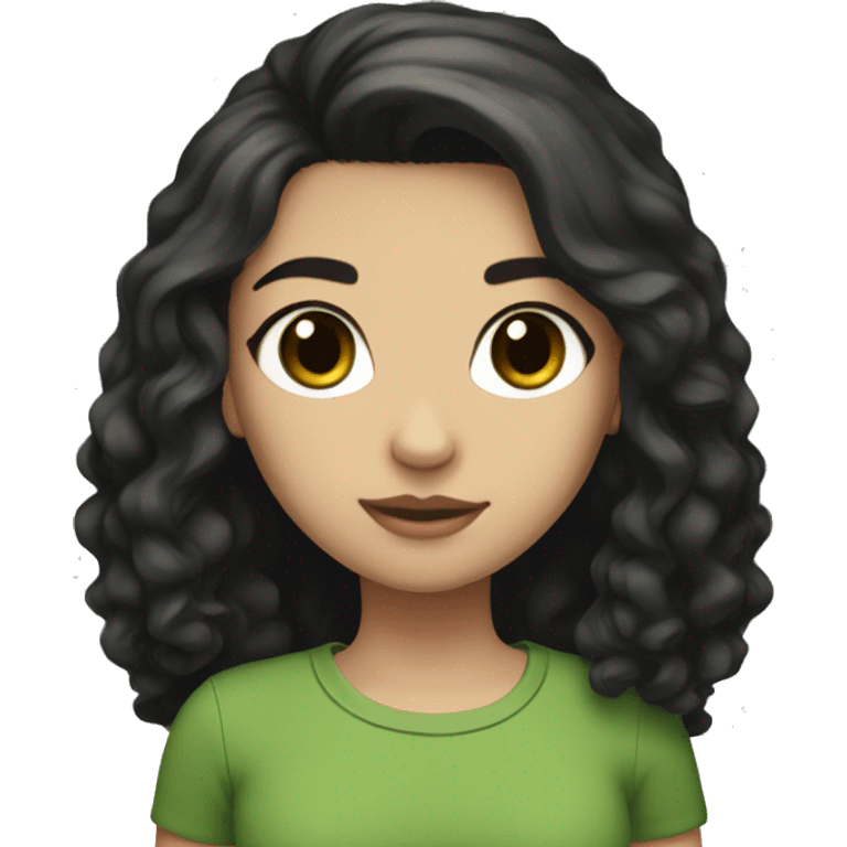 Girl, white skin, black long hair, big brown eyes, eyelashes, green shirt emoji