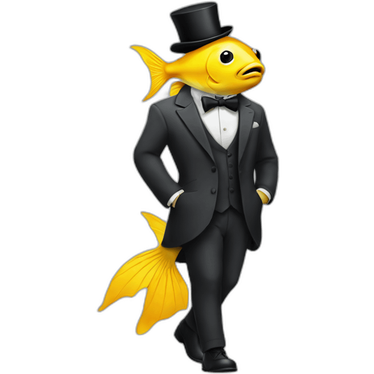 a yellow fish with a monocle and a smart suit walking  emoji