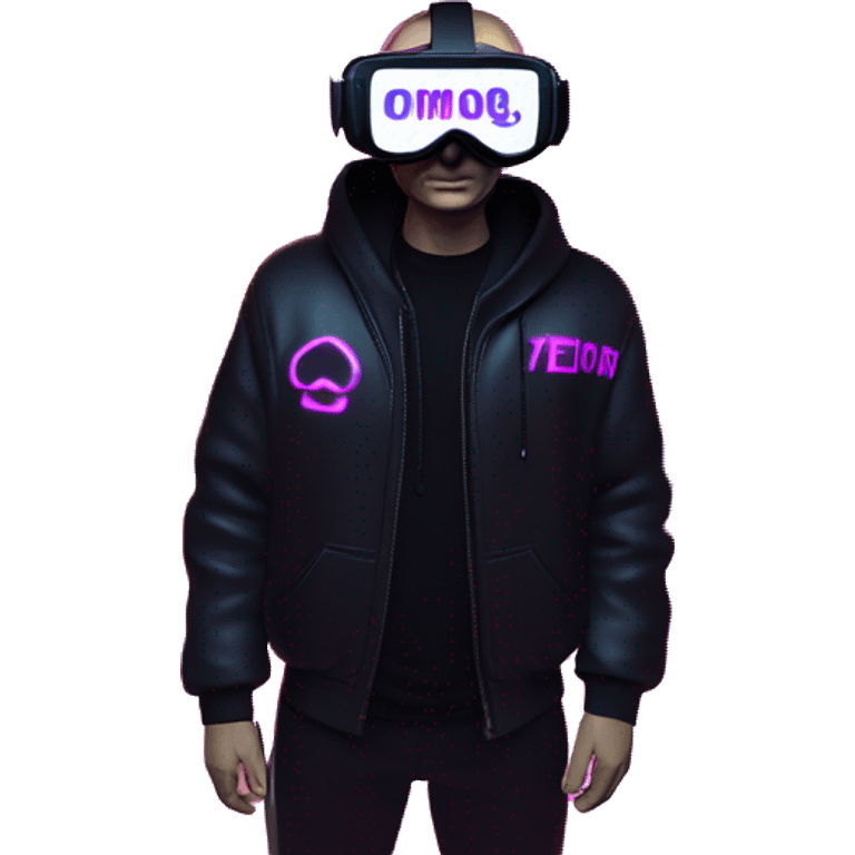 Vladimir Putin wearing a black hoodie with "OMG" letters on it and VR headset oculus quest 2 in a cyberpunk VR environment with violet neon lighting. emoji