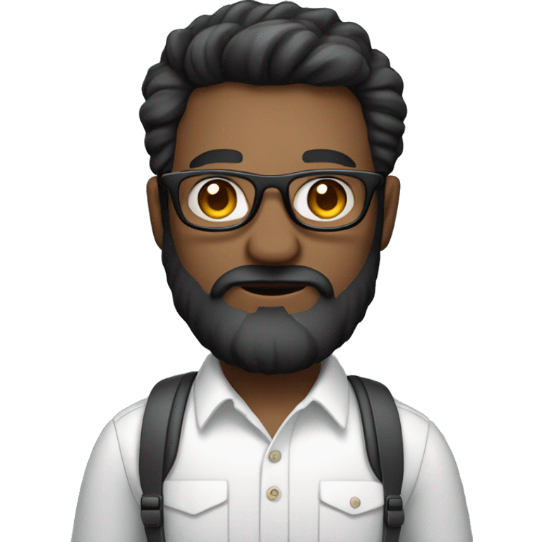 Emoji man with beard holding macbook in hands wearing glasses and shirt, profession - graphic designer. Features: white skin, full body type, dark hair, earring in left ear, dark skin emoji