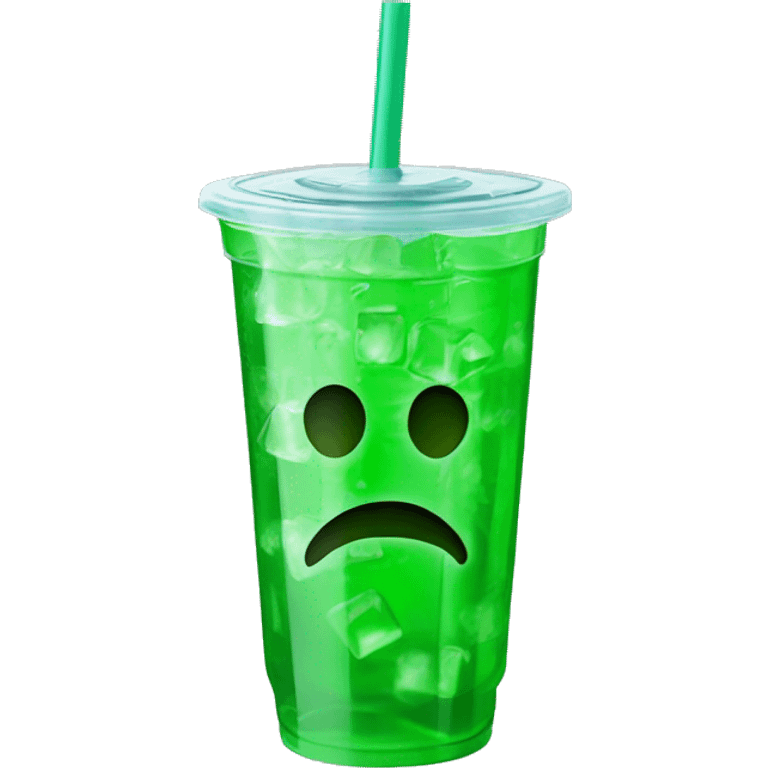 Realistic plastic cup and lid with Transluscent green soda and large ice cubes inside and one straw through the top of the lid. emoji