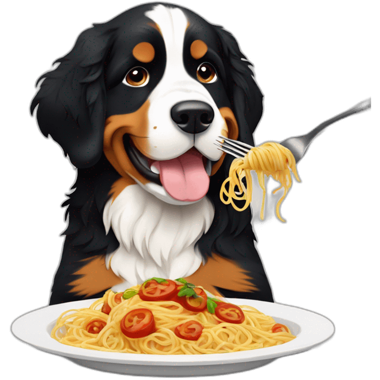 puppy Bernese mountain dog eating spaghettis and salsa emoji