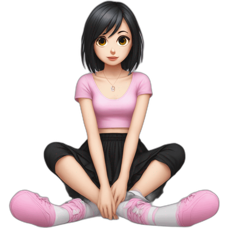 full body Front view emo girl sits on the floor black skirt pink knickers emoji