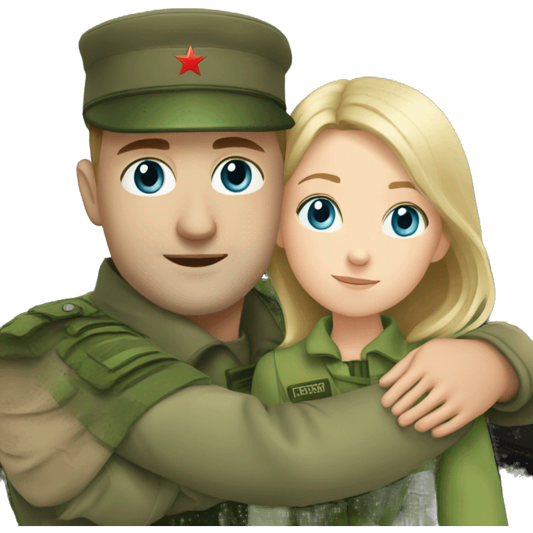 russian soldier with blue eyes hug girl with green eyes near train emoji