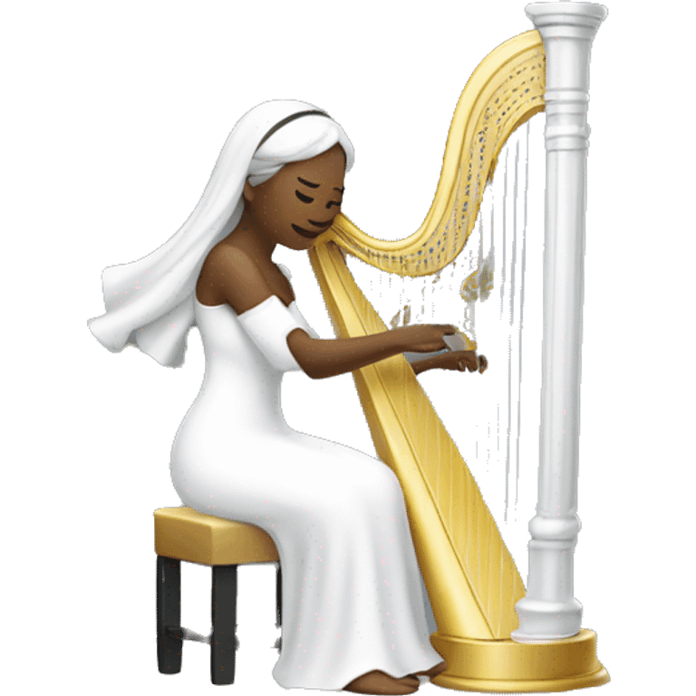 A woman in a white habit plays a silver harp emoji