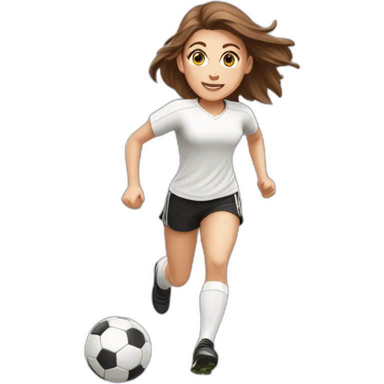 Caucasian girl with brown long hair running with a soccer ball wearing White short and black shorts emoji