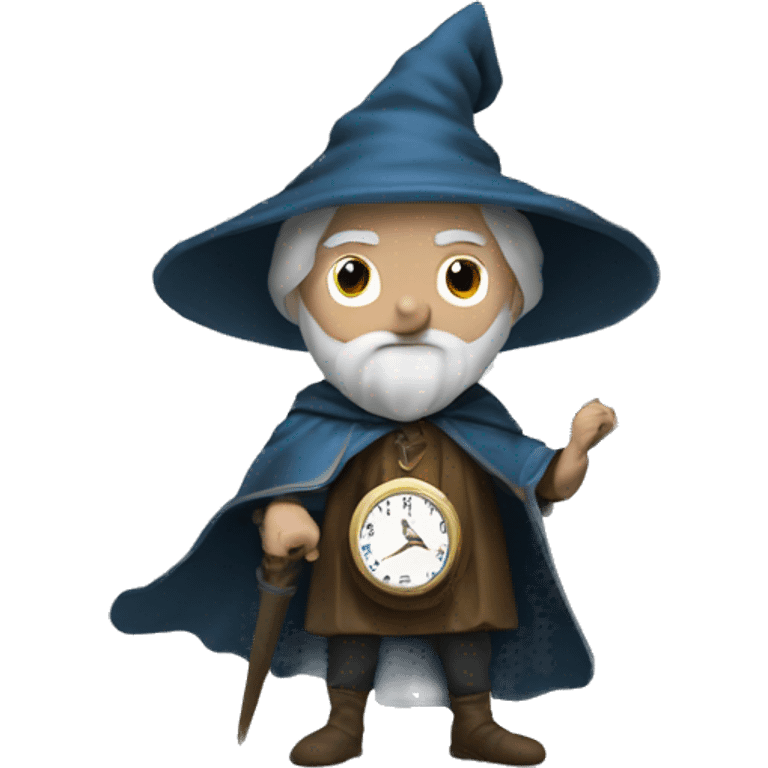 a wizard holding a clock and defending it with a sword, not too complex, show the entire wizard head to toe zoomed out emoji