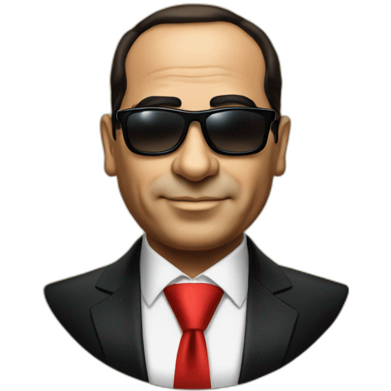 Satirical cartoon Egyptian President Al Sisi in a tuxedo wearing sun glasses with egyptian flag emoji