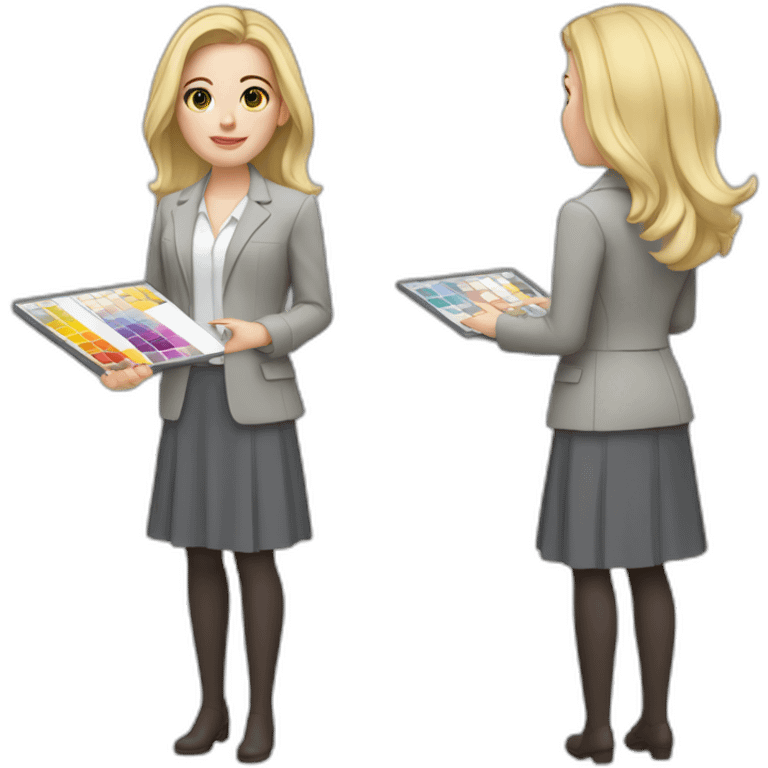 pale skin woman with cold blonde straight middle length hair, White blouse, Gray oversize jacket, Gray skirt holding a color palette in the hands emoji