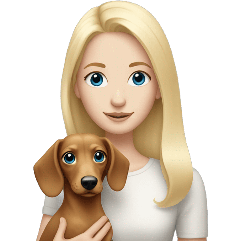 Pale blonde girl with blue eyes holding blonde dachshund long haired  emoji