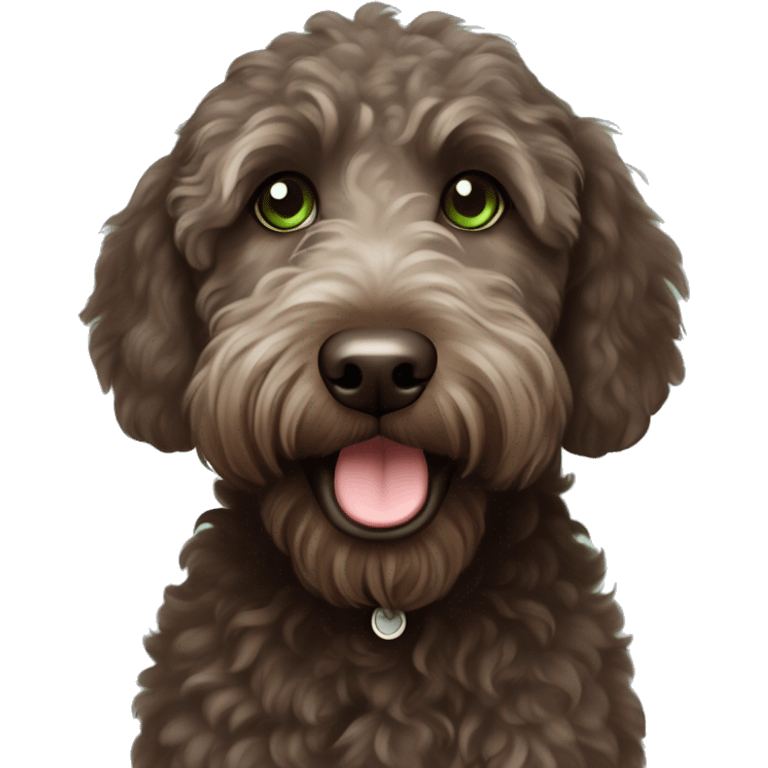 Very cute, Disney style, dark brown Labradoodle with green eyes and a little bit of white on her chest emoji