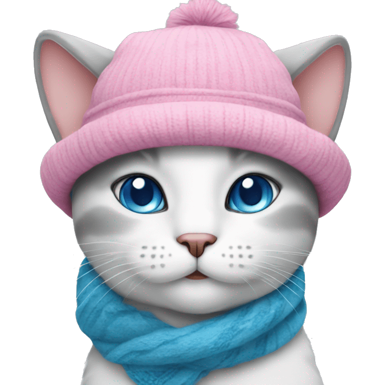 White-grey cat with blue eyes in pink hat and scarf  emoji