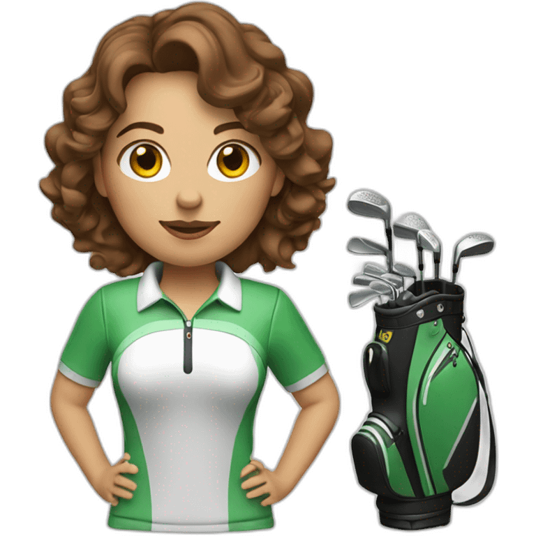 female with brown wavy hair dressed in golfwear with golf gear emoji