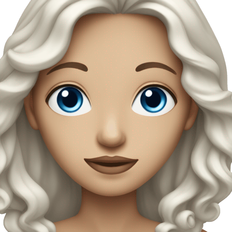 White woman with wavy long black hair, bright blue eyes, tan skin emoji