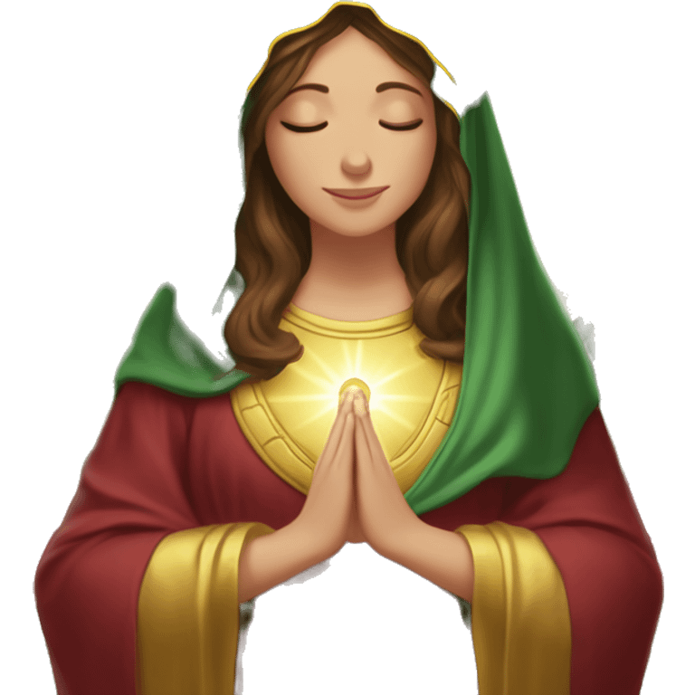 Virgin Mary: kind face looking down at the left, long brown hair, Wearing an emerald green  robe with gold stars and a burgundy red dress,  Hands in prayer or blessing. Halo around her head. standing in front of a big sun. colorful roses on the sides  emoji