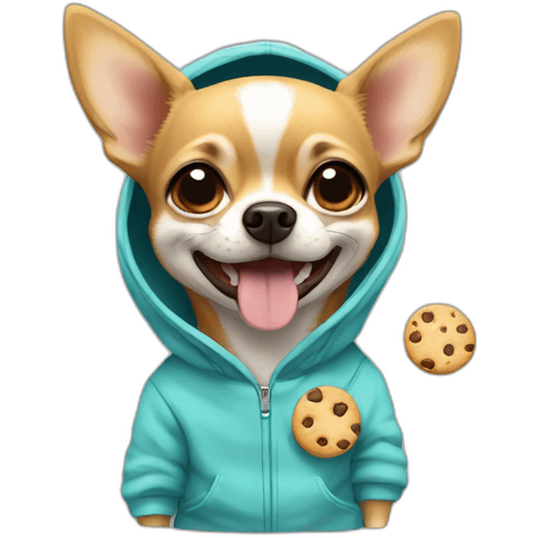 Chihuahua wearing a hoodie smiling and eating cookie emoji