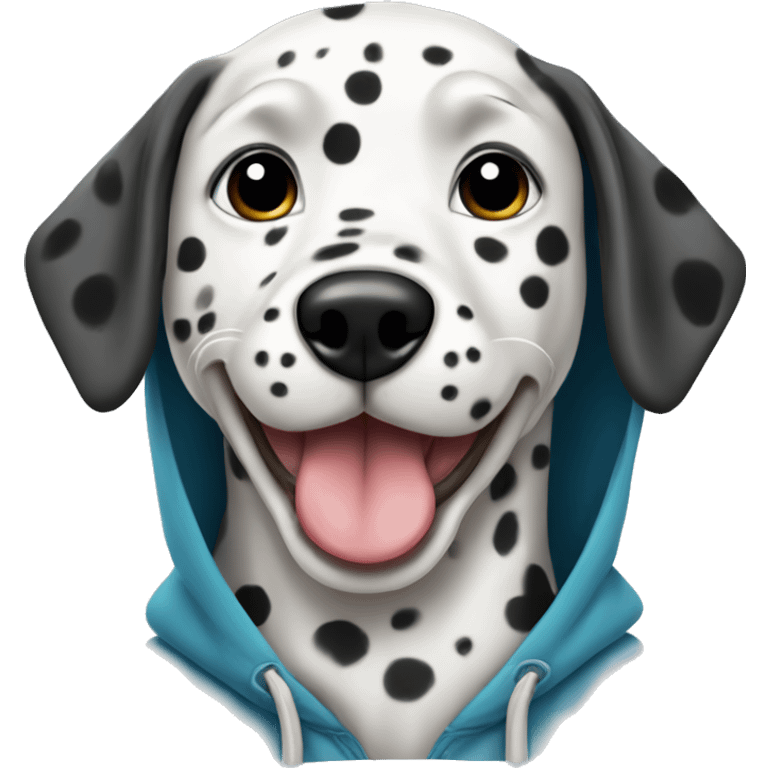 Dalmatian wearing a hoodie with a tongue out emoji