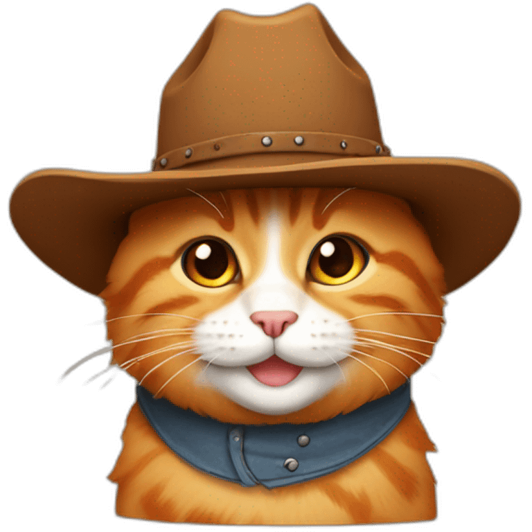 pure orange small chubby hairy bobtail cat while wearing a brown cowboy hat and smiling emoji