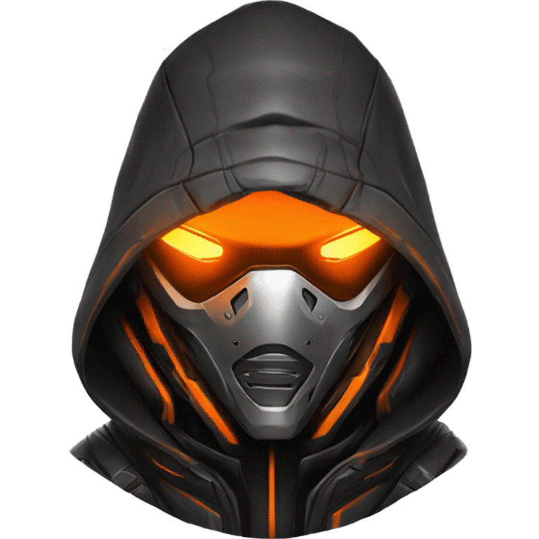  developer behind his laptop with this style : crysis Cyberpunk Valorant orange glowing bright orange character orange black hooded assassin themed character emoji