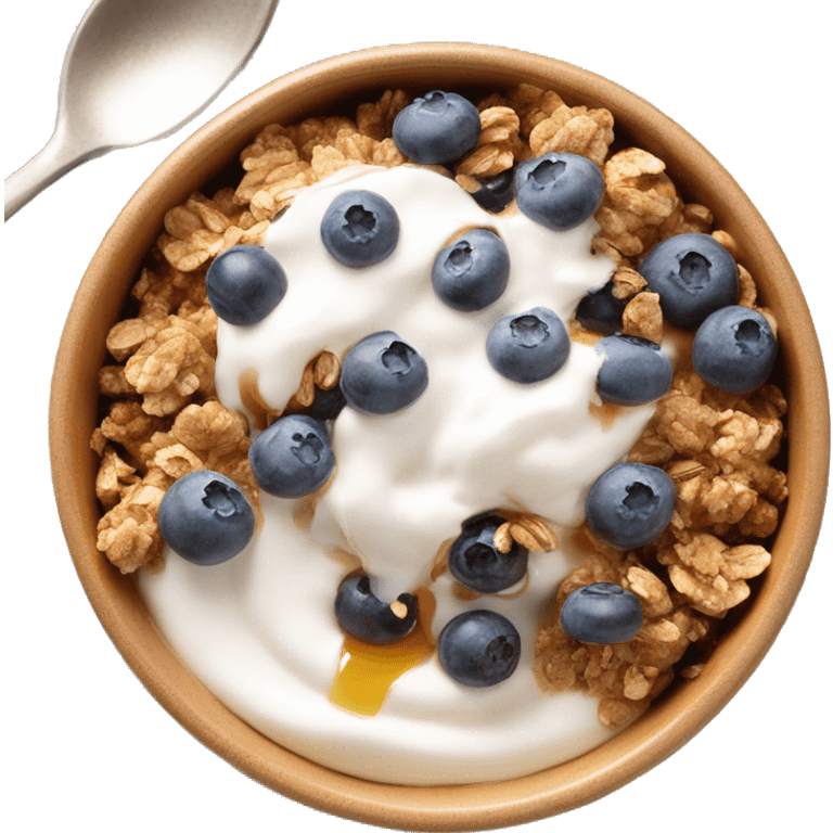 Yogurt in a bowl with granola and blueberries topped with honey drizzle  emoji