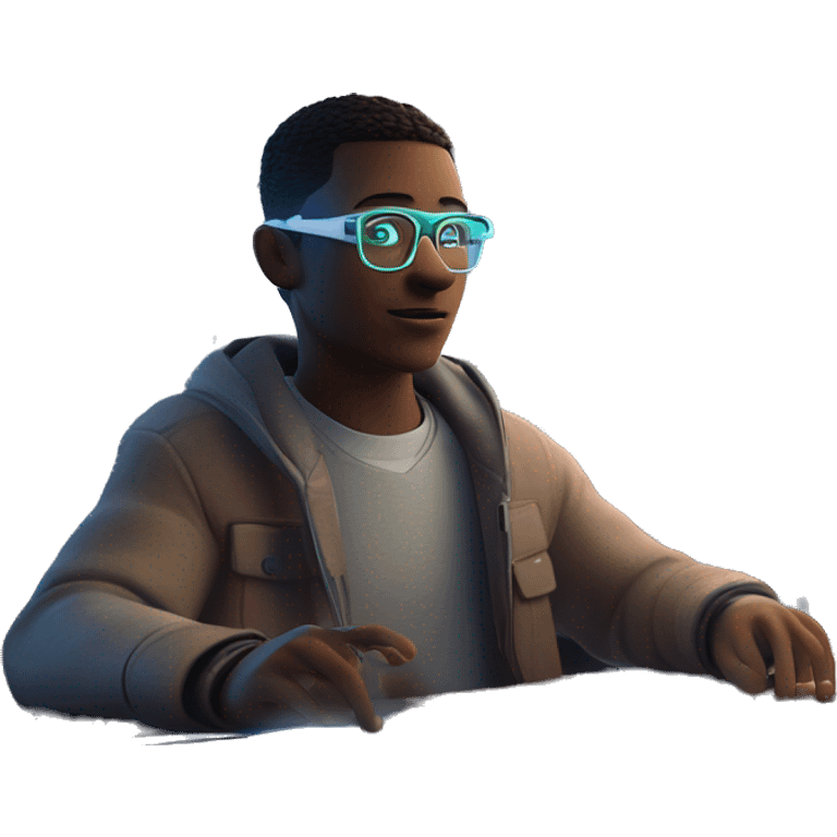 Focused Quantik, with neon accents and AR glasses, taps a holographic screen displaying a complex equation while his drone companion scans for solutions in a futuristic metaverse classroom. emoji