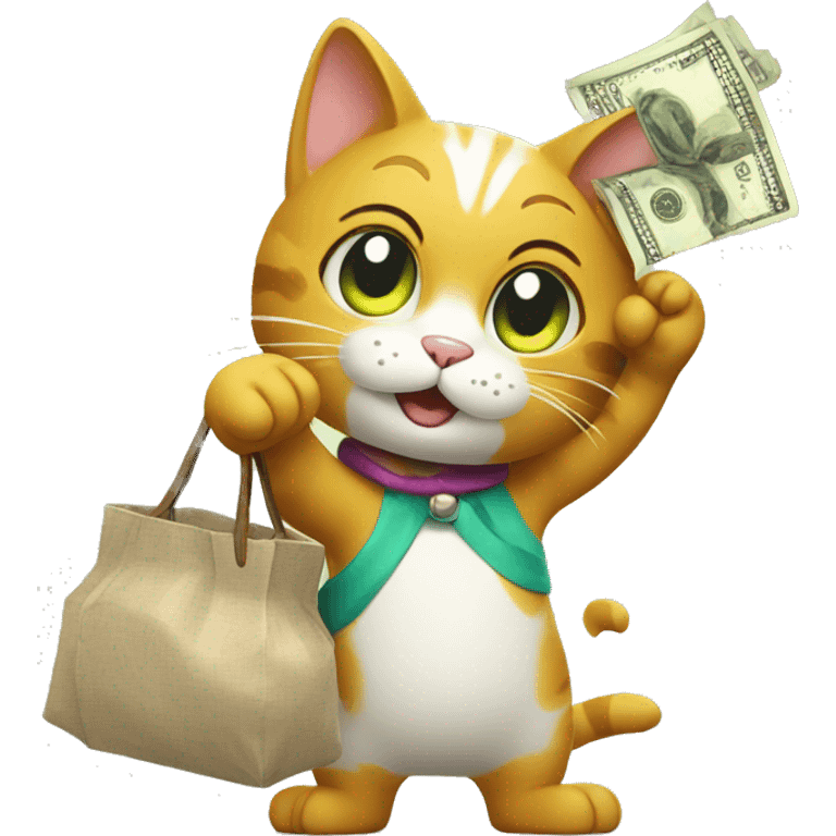 the cat waves its paw and holds a bag of money emoji