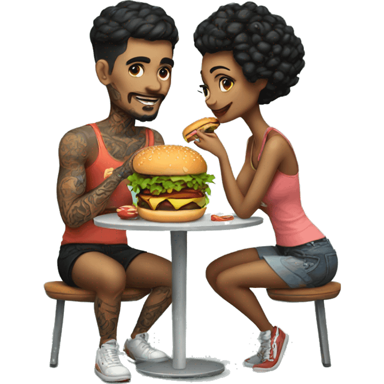 Beautiful tattooed couple eating burgers emoji