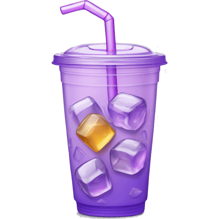 Realistic plastic cup and lid with Transluscent Light purple soda and large ice cubes inside and one straw through the top of the lid. emoji