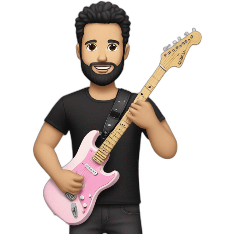 white man with dark beard and black t shirt and pastel pink stratocaster electric guitar emoji